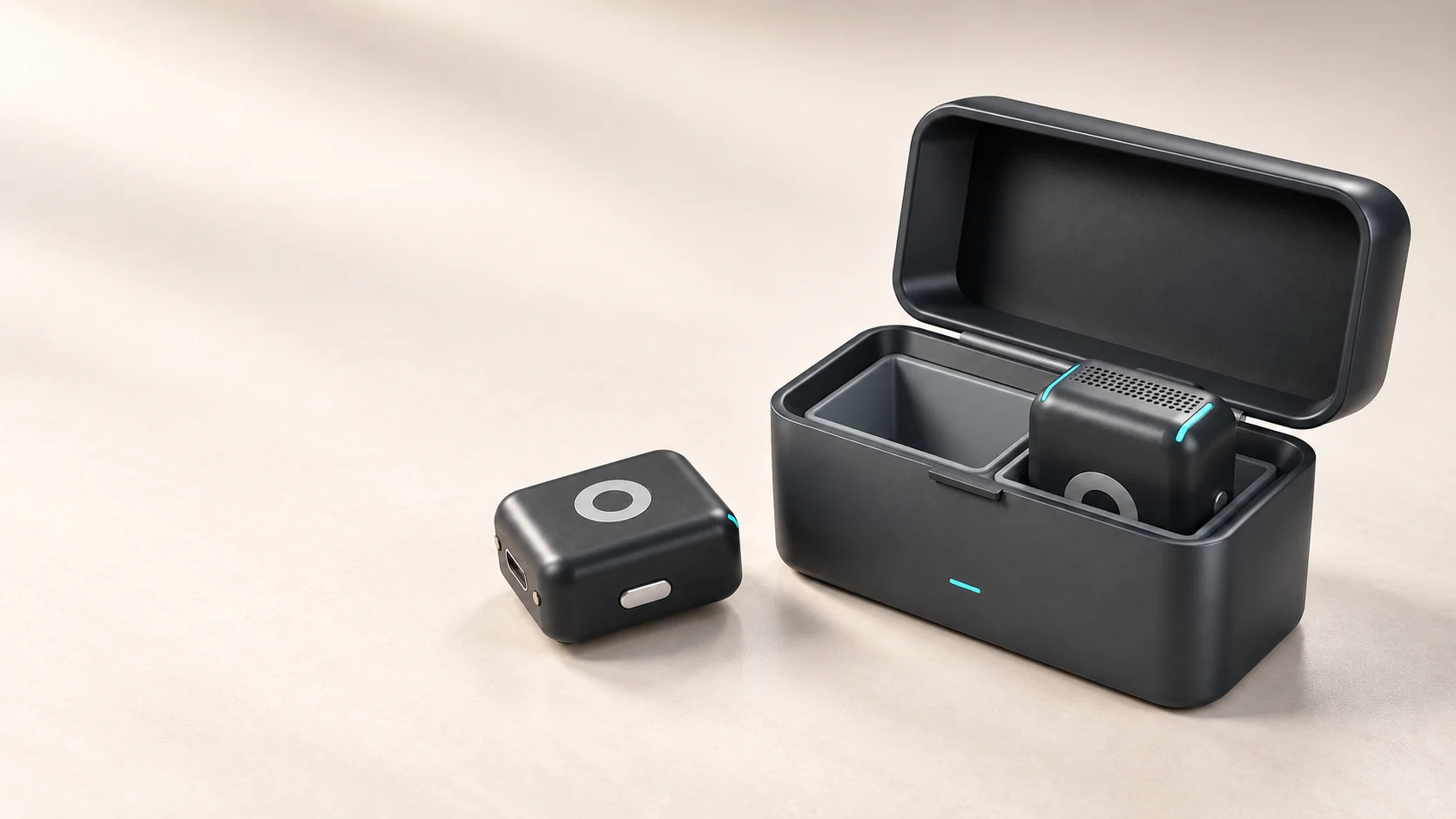 An open aecoo charging case with two graphite microphones